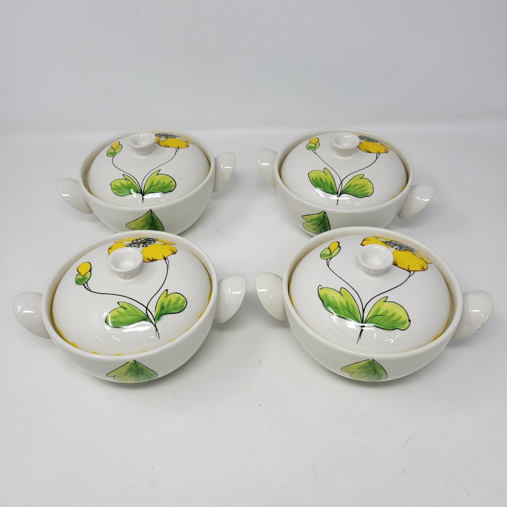 Mancioli Italy Vintage Floral‎ Ceramic Lidded Soup Rice Bowls Set of 4